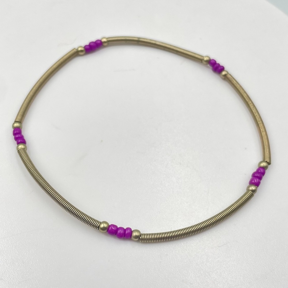 Vintage Brass Tone Coiled Spring Stretch Bracelet Purple Seed Bead Accents Boho